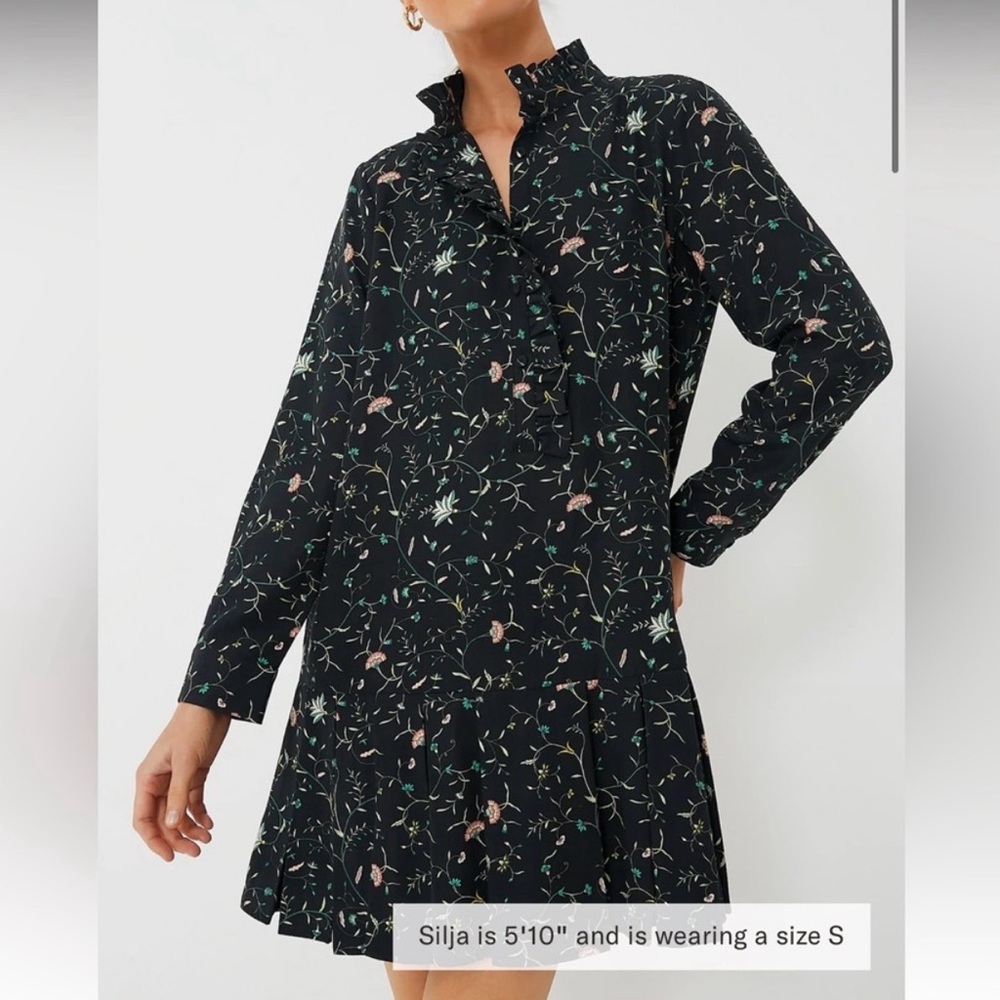 Tuckernuck Campden Vine Tate Black Pleated Mini Dress Long Sleeve Size Small